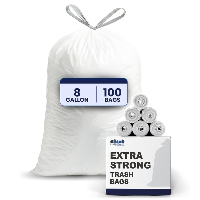 Plasticplace 8 Gallon Trash Bags: Premium White Drawstring Garbage Bag, 0.7 Mil Thickness, Durable Trash Can Liners, Garbage Bags for your Trash Can, Ring Size 22" x 22" (Pack of 100) - Image 1